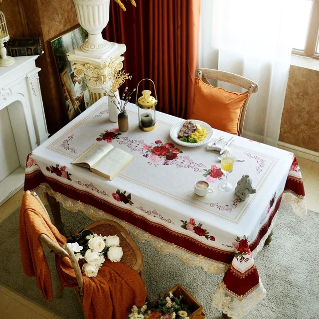 Alt view image 11 of 11 - Lace Tablecloth Rectangular 60"x120" Burgundy Rose Table Cover | Farmhouse Embroidery Macrame Table Cloth Classic Oblong Floral Retro Country Decor for Home Holiday Dining Table 10-12 seats