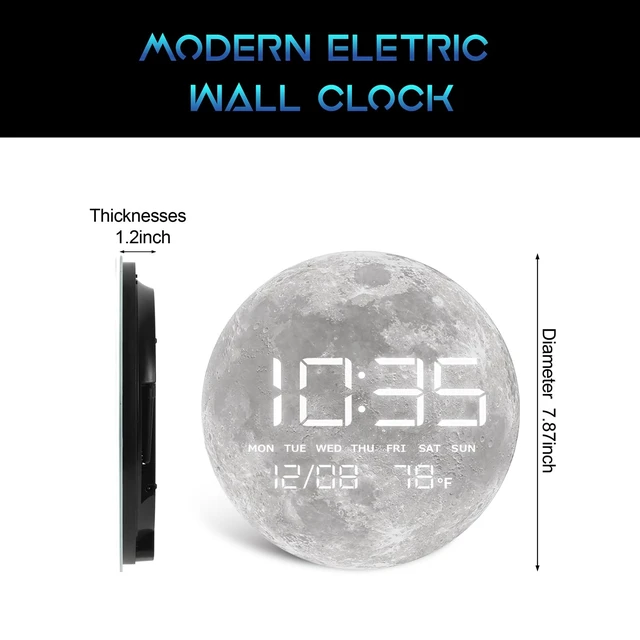 Alt view image 9 of 14 - Digital Desk & Shelf Clock, LED Moon/Earth Design, Temperature Display, 7.87 x 7.87 inches (Moon, 7.87 INCH)