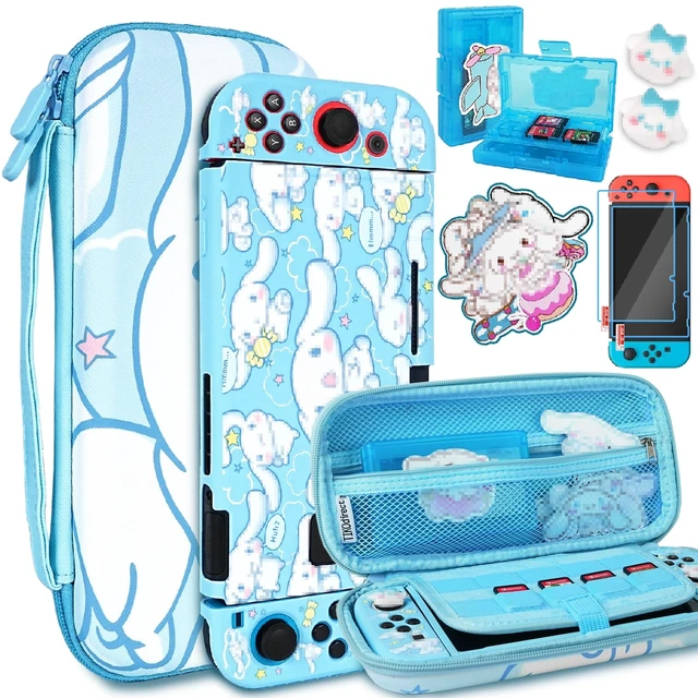 Alt view image 7 of 12 - Carrying Case for Switch, Cute Portable Travel Bag Accessories with Soft Protective Cover, Screen Protectors and Thumb Grip caps, Game Card Case 7in1, Blue