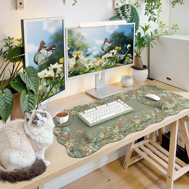 Alt view image 13 of 14 - Keyboard Pad for Workspace, Green 35.4"x15.7" Desk Protector | Teacher Ergonomic Desk Pad Featuring Keyboard Wrist Rest, Girly Mousepad Set for Dorm Vanity Office Workspace Area