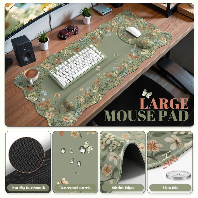 Alt view image 9 of 14 - Keyboard Pad for Workspace, Green 35.4"x15.7" Desk Protector | Teacher Ergonomic Desk Pad Featuring Keyboard Wrist Rest, Girly Mousepad Set for Dorm Vanity Office Workspace Area