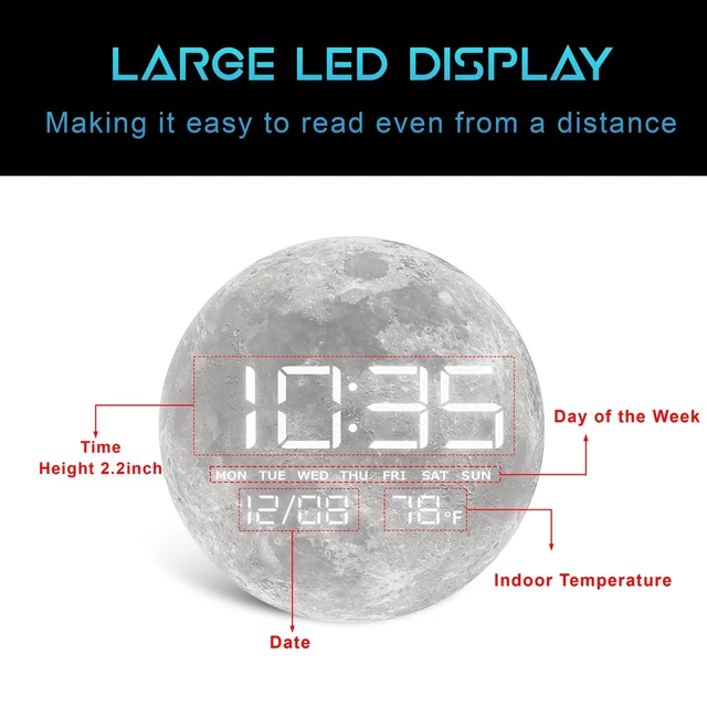 Alt view image 10 of 14 - Digital Desk & Shelf Clock, LED Moon/Earth Design, Temperature Display, 7.87 x 7.87 inches (Moon, 7.87 INCH)
