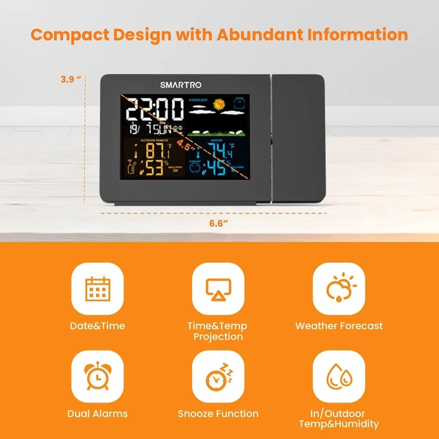 Alt view image 9 of 14 - SC91 Projection Alarm Clock for Bedrooms with Weather Station | Wireless Indoor Outdoor Thermometer, Temperature Humidity Monitor Gauge Hygrometer
