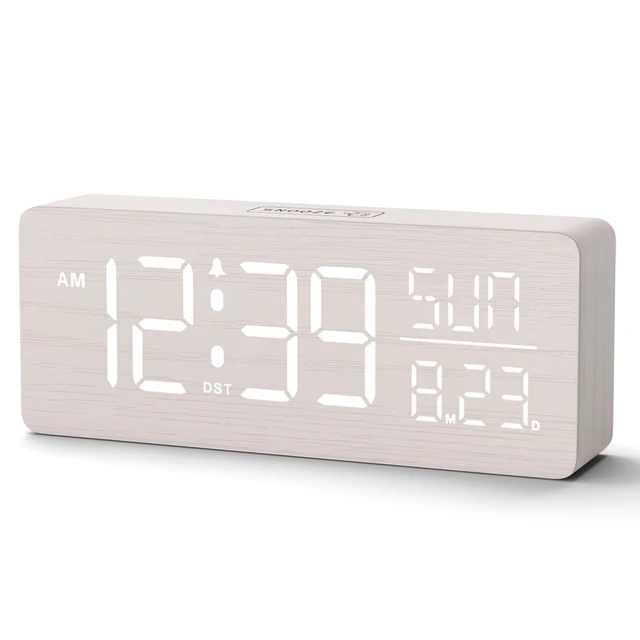 Alt view image 8 of 14 - Wooden Digital Alarm Clock Large Display, Textured Decoration | for Bedroom Living Room Desk Table, Electric Plug-in Clock Battery Backup with Time Date Day, 5 Brightness, Auto DST