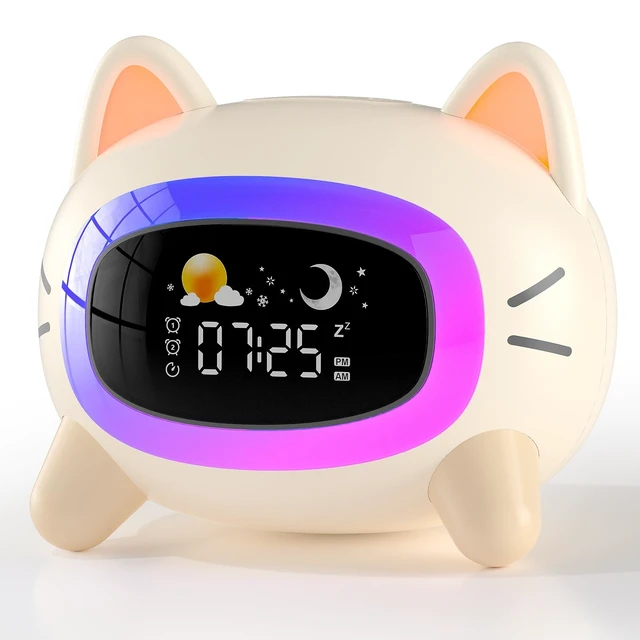 Alt view image 8 of 14 - Kids Alarm Clock Ok to Wake, Cat Alarm Clock for Kids Sleep Training | Toddlers Night Light Clock for Bedroom, Sound Machine, Birthday Gift for Boy Girls Children