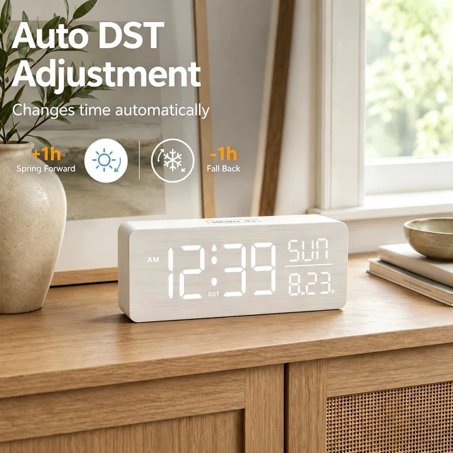 Alt view image 12 of 14 - Wooden Digital Alarm Clock Large Display, Textured Decoration | for Bedroom Living Room Desk Table, Electric Plug-in Clock Battery Backup with Time Date Day, 5 Brightness, Auto DST
