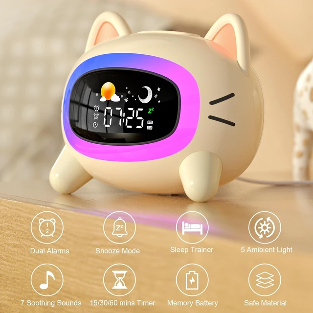 Alt view image 9 of 14 - Kids Alarm Clock Ok to Wake, Cat Alarm Clock for Kids Sleep Training | Toddlers Night Light Clock for Bedroom, Sound Machine, Birthday Gift for Boy Girls Children