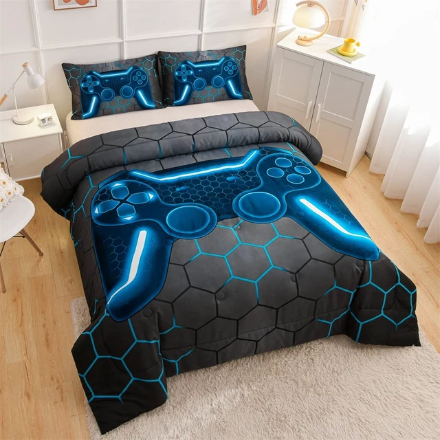 Alt view image 8 of 12 - Game Console Comforter Set for Boys Girls Kids 3D Gaming Geometric Lightweight Microfiber Bedding Sets (Blue, Twin)