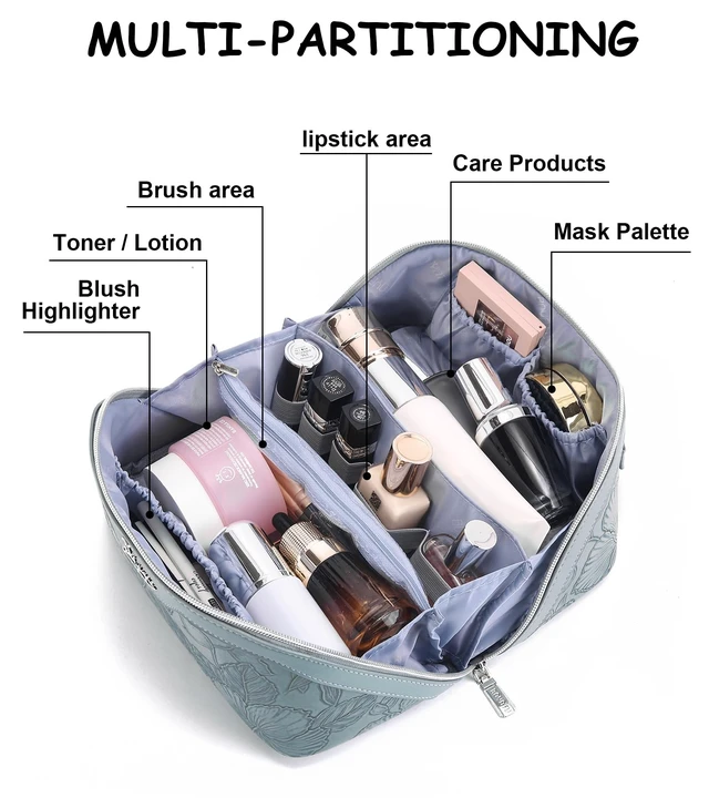 Alt view image 10 of 14 - Travel Makeup Bags Cosmetic Organizer Bag: Floral Make up Bag | 3 Pcs Set Large Capacity Makeup Bag with Compartments - Waterproof Leather Toiletry Bags with Handle for Women (Blue)