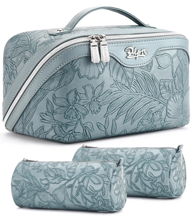 Alt view image 8 of 14 - Travel Makeup Bags Cosmetic Organizer Bag: Floral Make up Bag | 3 Pcs Set Large Capacity Makeup Bag with Compartments - Waterproof Leather Toiletry Bags with Handle for Women (Blue)