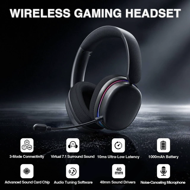 Alt view image 9 of 14 - G7 Pro Wireless Gaming Headset with 7.1 Surround Sound, 40mm Driver, BT5.3 Gaming Headphones with Mic, RGB, 10ms Latency, 65H Battery, PC Gaming Headset for PS5,PS4, Switch,PC,Wired Mode for Xbox