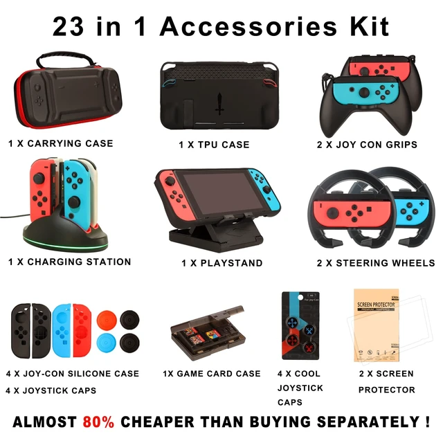 Alt view image 9 of 14 - Switch Accessories Bundle for Nintendo Switch (23 in 1) | Kit with Carrying Case, Screen Protector, Joycon Grips, Steering Wheels, Charging Dock, Playstand, Joy-Con Case and More