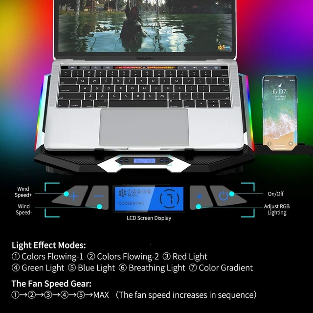 Alt view image 13 of 14 - Gaming Laptop Cooling Pad 15-17.3 Inch, Laptop Fan with 6 RGB Cooling Fans, Laptop Cooling Stand with 6 Height Adjustable, Laptop Cooler with LCD Screen, 2 USB Ports, Phone Stand