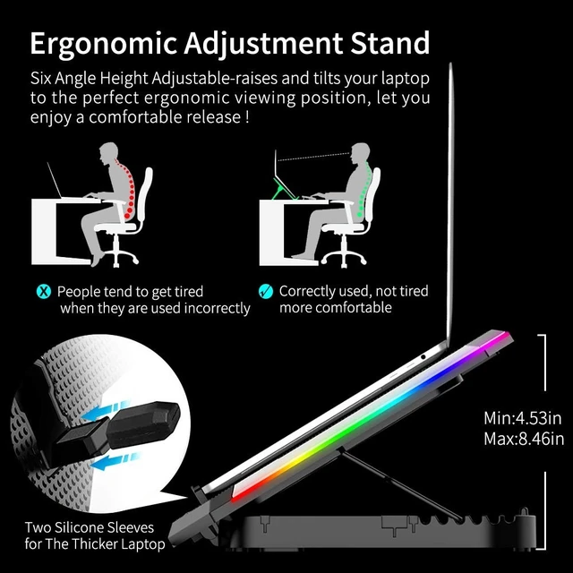 Alt view image 11 of 14 - Gaming Laptop Cooling Pad 15-17.3 Inch, Laptop Fan with 6 RGB Cooling Fans, Laptop Cooling Stand with 6 Height Adjustable, Laptop Cooler with LCD Screen, 2 USB Ports, Phone Stand