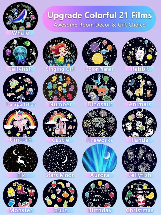 Alt view image 9 of 14 - 21 Sets of Films, Projector Night Light for Kids Bedroom, Ceiling, Baby Night Light Projector, Star Galaxy Projector for 1-14 Years Old Baby Girls with 360° Rotation for Christmas, Nursery, Room Decor