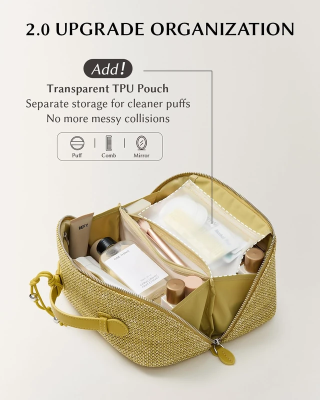 Alt view image 11 of 14 - Makeup Bag, Woven Travel Toiletry Bag, Portable 180° Wide-Open Flat Cosmetic Bags for Women, Large Capacity Makeup Pouch with Divider and Handle