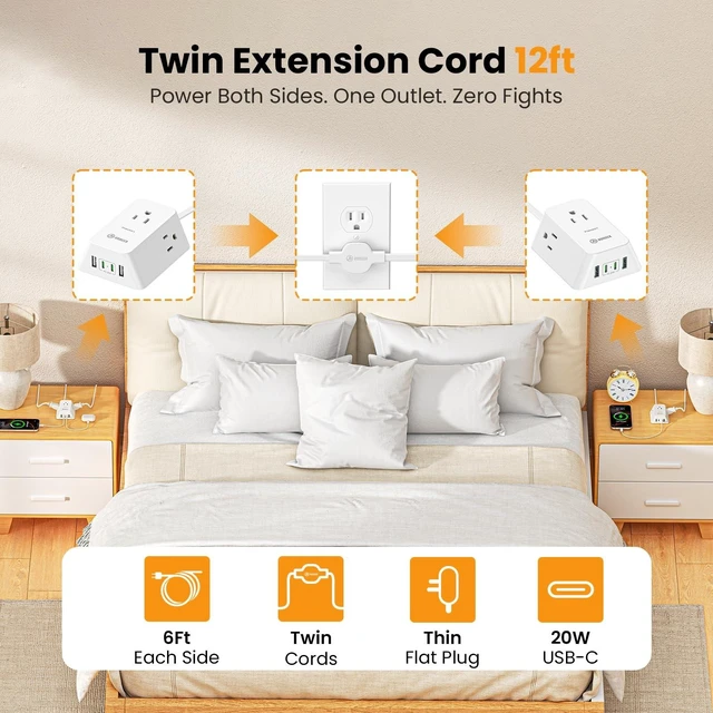 Alt view image 9 of 14 - 12FT Twin Flat Extension Cord USB C 20W,Split Extension Cord Flat Wall Plug for Behind Bed Sofa Dorm Office,3 Widely Outlets 2 USB C 2 USB-A,Indoor Extension Cord with Multiple Outlet,Circuit Breaker