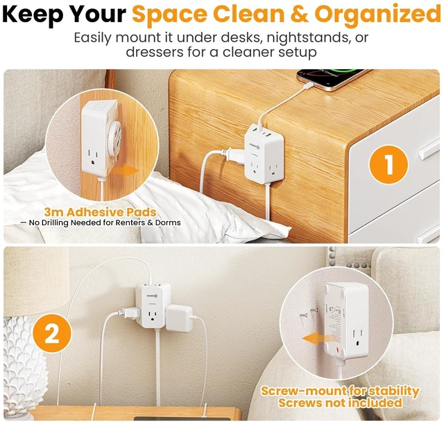 Alt view image 13 of 14 - 12FT Twin Flat Extension Cord USB C 20W,Split Extension Cord Flat Wall Plug for Behind Bed Sofa Dorm Office,3 Widely Outlets 2 USB C 2 USB-A,Indoor Extension Cord with Multiple Outlet,Circuit Breaker