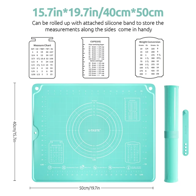 Alt view image 9 of 14 - Silicone Pastry Mat, Dough Rolling Baking Sheet, 16"x20", Aqua Sky | Food-Grade Liquid Silicone, Non-Stick Non-Slip, Baking Supplies for Pizza Cookie Pie Crust, Clear Measurement & Raised Edges