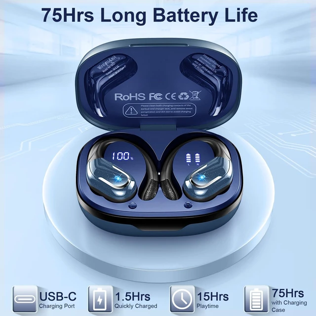 Alt view image 9 of 12 - Wireless Earbud, Bluetooth 5.4 Headphones IP7 Waterproof Sport, 75Hrs Running Wireless Earphones with ENC Noise Canceling Mic, Deep Bass Over Ear bud with Earhooks for Android, iOS, Workout, Gym, Blue