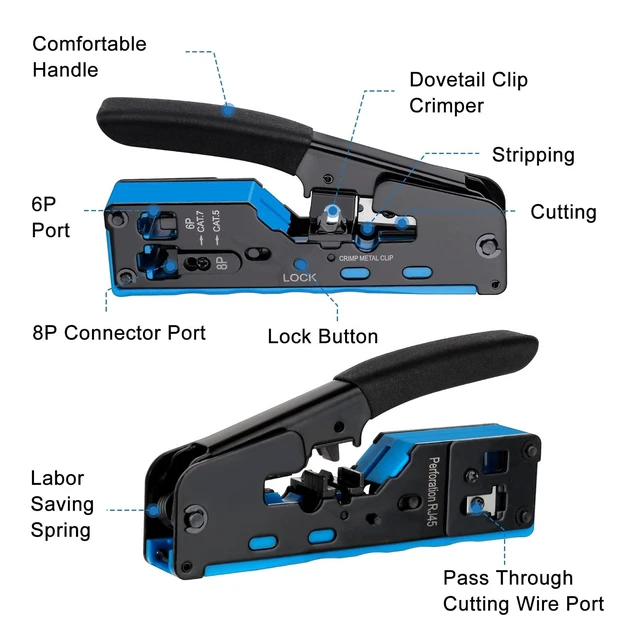Alt view image 10 of 12 - RJ45 Crimp Tool Pass Through,All-In-One Modular Ethernet Crimper for CAT7 CAT6A CAT6 CAT5E CAT5,Ethernet Crimping Tool Kit,Network Terminal Crimper Tool