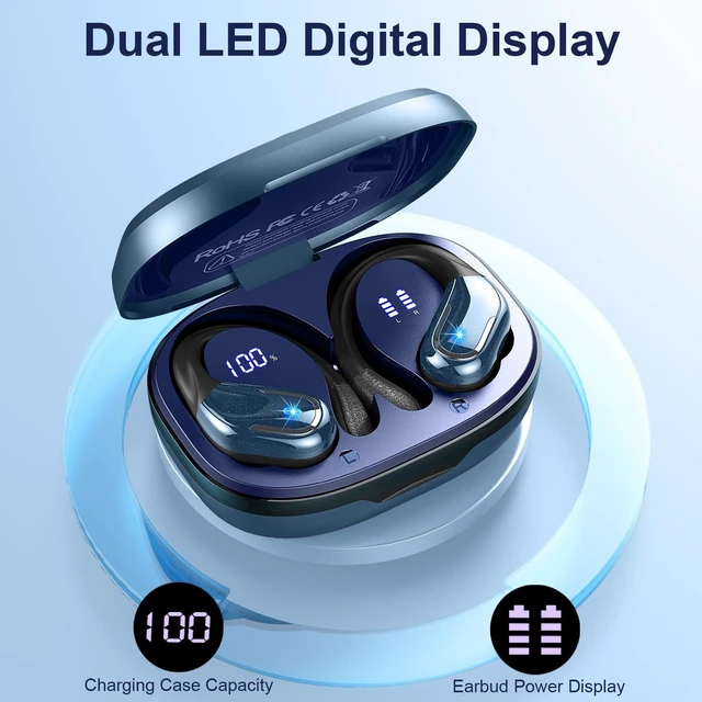 Alt view image 11 of 12 - Wireless Earbud, Bluetooth 5.4 Headphones IP7 Waterproof Sport, 75Hrs Running Wireless Earphones with ENC Noise Canceling Mic, Deep Bass Over Ear bud with Earhooks for Android, iOS, Workout, Gym, Blue