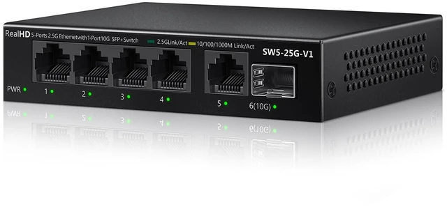 Alt view image 7 of 12 - 5 Port 2.5Gb Ethernet Switch Unmanaged Network Switch Splitter | Metal Casing | 5 x 2.5 Gigabit | 1 x 10G SFP+ | Multigig Switch 10-100-1000Mbps | 45G Bandwidth | Fanless Internet Switch