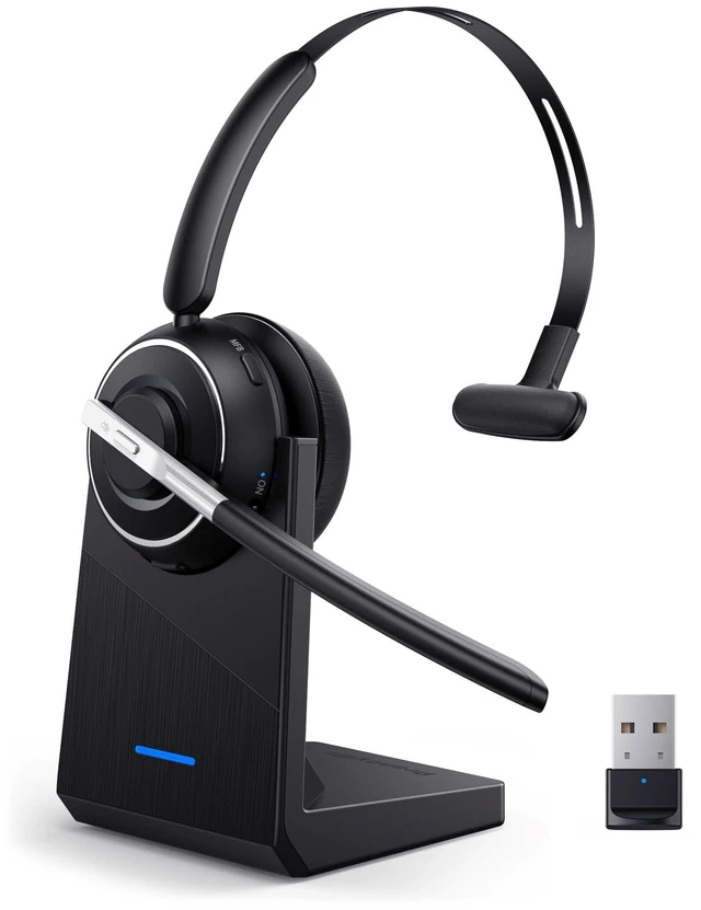 Alt view image 7 of 12 - Bluetooth Headset, Wireless Headset with Microphone for PC, V5.2 Computer Headset with Noise Cancelling Mic, USB Dongle, Charging Base & Mute Button for Work, Cell Phones, Computer (Black)