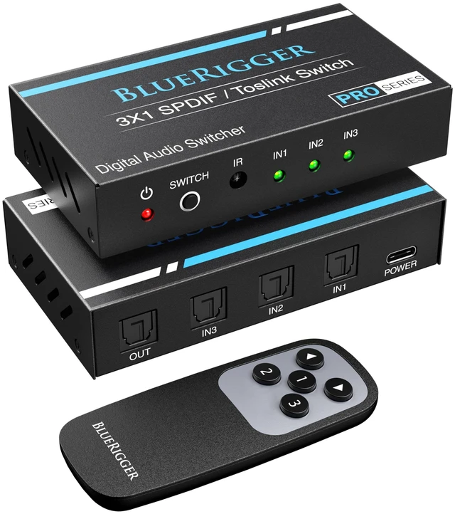 Alt view image 8 of 14 - Digital Toslink Optical 3x1 Switch - (LPCM 2.0, SPDIF Optical Audio Switcher with IR Remote Control, 3 in 1 Fiber Optic Switch) - Compatible with Gaming Console, HDTV, Amplifier, Soundbar
