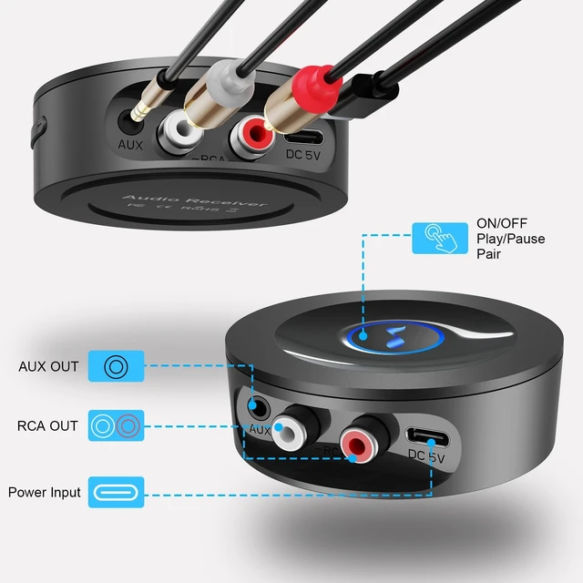 Alt view image 10 of 12 - Bluetooth 5.2 Receiver for Home Stereo, RCA & 3.5mm AUX Out Put, Wireless Audio Adapter for Stereo Receiver&Amplifier, Low Latency HiFi Music Streaming