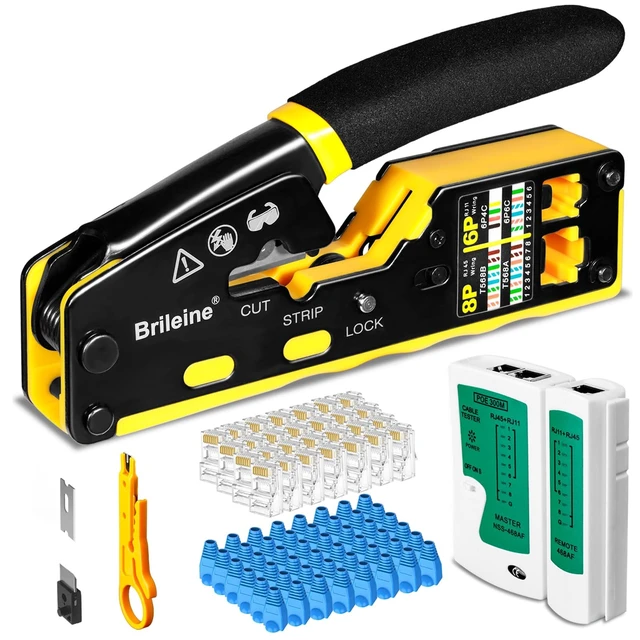 Alt view image 7 of 12 - RJ45 Crimp Tool Pass Through Kit Ethernet Crimper Cat5 Cat5e Cat6 Crimping Tool for RJ11/RJ12 6P/8P with Network Lan Cable Tester, 50PCS Cat6 Connectors, 50PCS Boots, Mini Cable Stripper