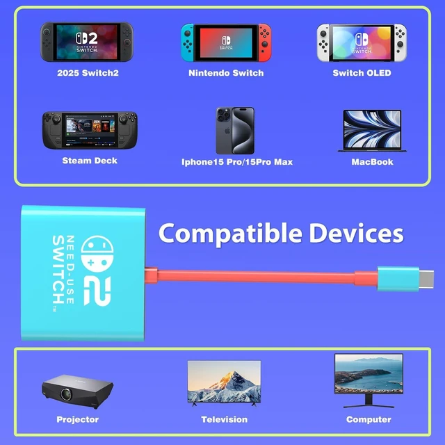 Alt view image 14 of 14 - Switch 2 Dock for Nintendo Switch 1 / 2 and Steam Deck Docking Station, Support TV Dock Mode, Portable TV HDMI Adapter Accessories for Nintendo Switch2 / OLED / 1, USB C to HDMI 2.0 Adapter 4K Output