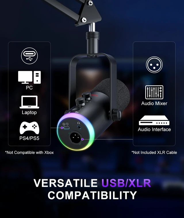 Alt view image 12 of 14 - Dynamic Gaming Microphone | USB/XLR Dual Mode | RGB Boom Arm Mic Kit with OneTouch Mute, Headphone Monitor, Gain Control | for Streaming, Podcast, PC, PS4/PS5, Recording