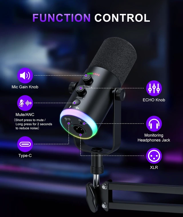 Alt view image 13 of 14 - Dynamic Gaming Microphone | USB/XLR Dual Mode | RGB Boom Arm Mic Kit with OneTouch Mute, Headphone Monitor, Gain Control | for Streaming, Podcast, PC, PS4/PS5, Recording