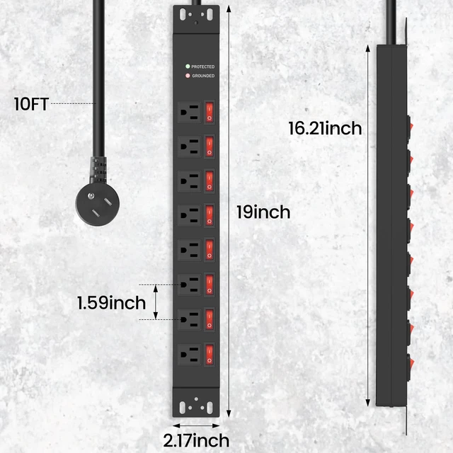 Alt view image 12 of 12 - Rack Mount PDU Power Strips,8 Outlet Surge Protector,Individual Switches,1.5U Rackmount Server Racks,14AWG Heavy Duty Extension Cord,2700J,15A 125V 1875W (Standard Power Cord, 10 FT Cable)