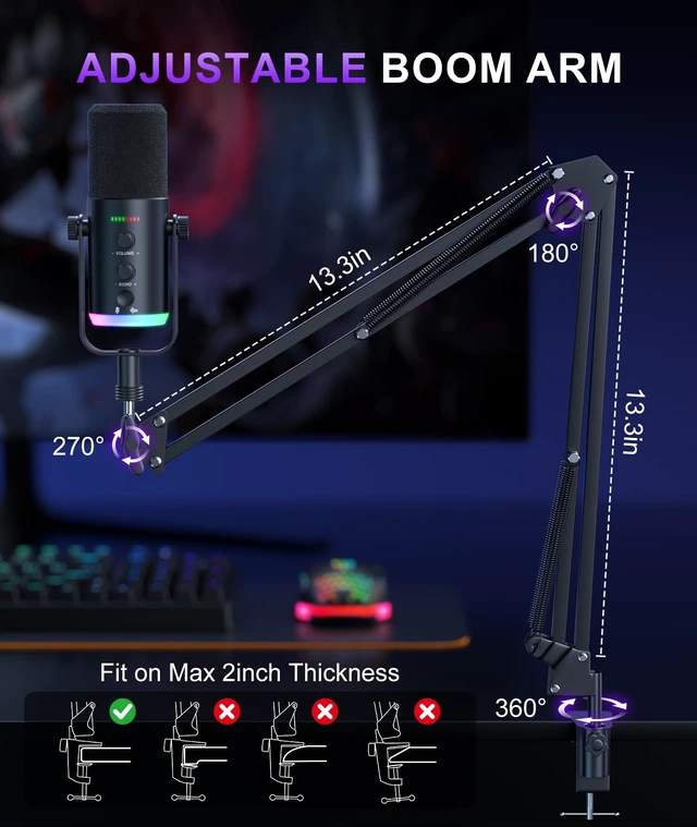Alt view image 14 of 14 - Dynamic Gaming Microphone | USB/XLR Dual Mode | RGB Boom Arm Mic Kit with OneTouch Mute, Headphone Monitor, Gain Control | for Streaming, Podcast, PC, PS4/PS5, Recording