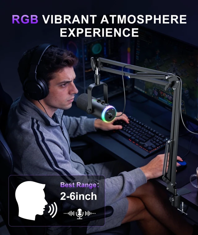 Alt view image 11 of 14 - Dynamic Gaming Microphone | USB/XLR Dual Mode | RGB Boom Arm Mic Kit with OneTouch Mute, Headphone Monitor, Gain Control | for Streaming, Podcast, PC, PS4/PS5, Recording