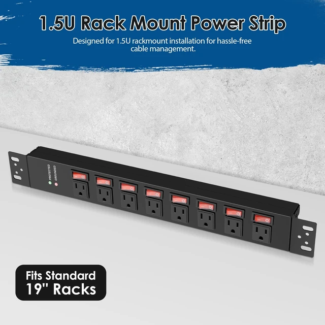 Alt view image 9 of 12 - Rack Mount PDU Power Strips,8 Outlet Surge Protector,Individual Switches,1.5U Rackmount Server Racks,14AWG Heavy Duty Extension Cord,2700J,15A 125V 1875W (Standard Power Cord, 10 FT Cable)