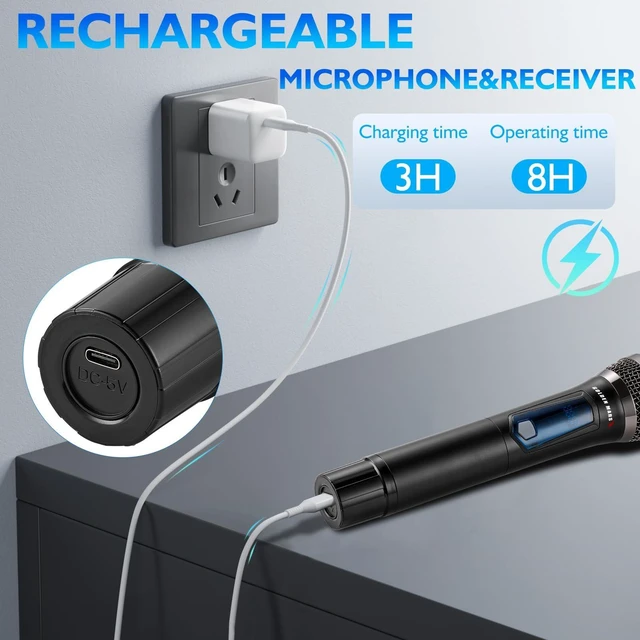 Alt view image 10 of 14 - Wireless Microphone with AI Auto Match Channel, Professional Updated 2.4GHz Rechargeable 2 Pcs Microphones with 300 FT Extra Long Distance Stable Receiving for Karaoke Singing DJ Church Classroom