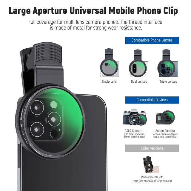 Alt view image 11 of 14 - 52mm CPL Filter for Phone, Clip On Circular Polarizing Lens Filter with Phone Clip, Case & Cleaning Cloth Compatible with iPhone 17 16 Android Samsung Galaxy S25 Ultra Camera, FL-26
