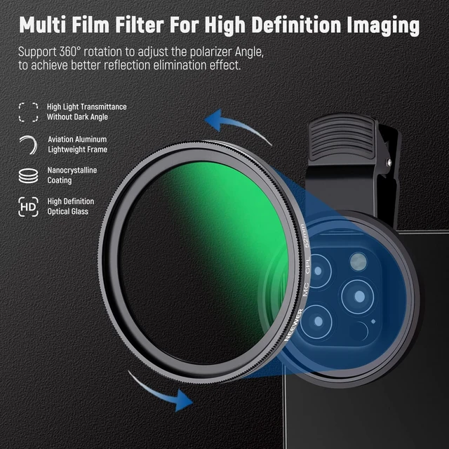 Alt view image 10 of 14 - 52mm CPL Filter for Phone, Clip On Circular Polarizing Lens Filter with Phone Clip, Case & Cleaning Cloth Compatible with iPhone 17 16 Android Samsung Galaxy S25 Ultra Camera, FL-26