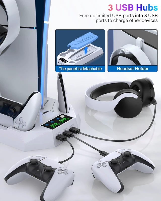 Alt view image 12 of 14 - PS5/PS5 Slim/PS5 Pro Stand and Cooling Station with Dual Controller Charging Station for PlayStation 5 Console, PS5 Accessories Incl. Controller Charger, Cooling Fan, Headset Holder, 3 USB Hub, White
