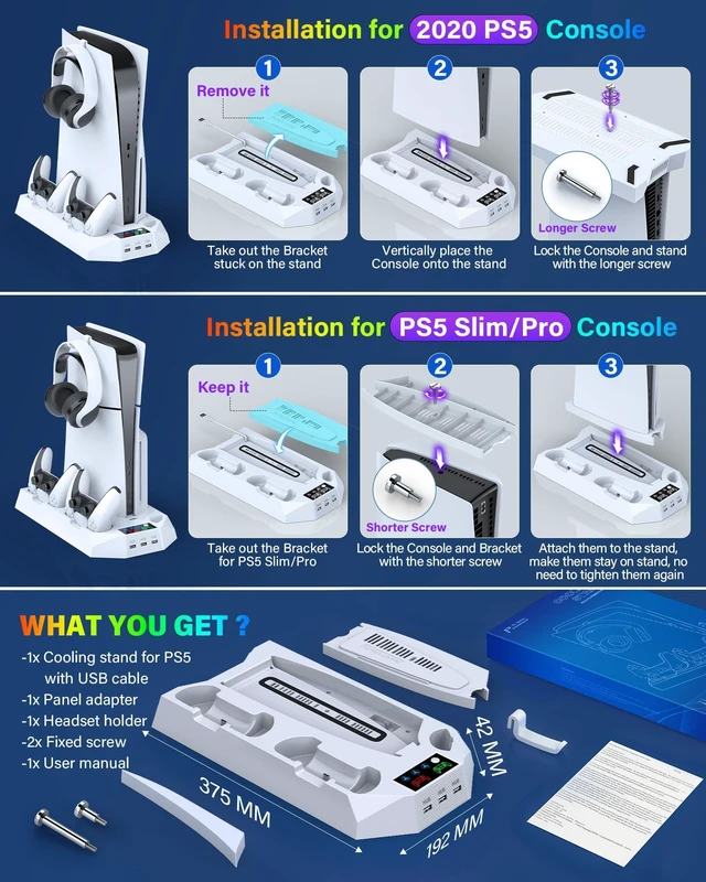 Alt view image 13 of 14 - PS5/PS5 Slim/PS5 Pro Stand and Cooling Station with Dual Controller Charging Station for PlayStation 5 Console, PS5 Accessories Incl. Controller Charger, Cooling Fan, Headset Holder, 3 USB Hub, White