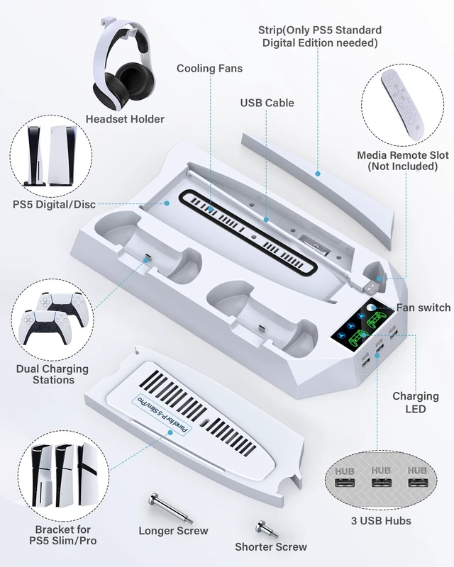 Alt view image 14 of 14 - PS5/PS5 Slim/PS5 Pro Stand and Cooling Station with Dual Controller Charging Station for PlayStation 5 Console, PS5 Accessories Incl. Controller Charger, Cooling Fan, Headset Holder, 3 USB Hub, White
