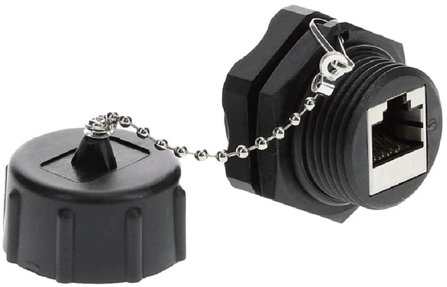 Alt view image 8 of 14 - CAT6 RJ45 Shielded Industrial Panel Mount Bulkhead Ethernet Female to Female Feed Thru Coupler - Waterproof RJ45 Pass Through Connector - IP67 Waterproof/Dust Cap, Single Pack, Black