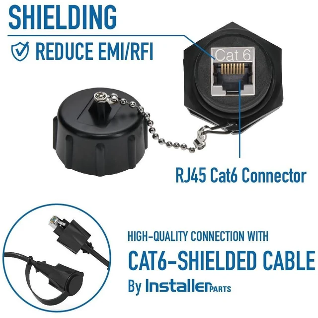 Alt view image 13 of 14 - CAT6 RJ45 Shielded Industrial Panel Mount Bulkhead Ethernet Female to Female Feed Thru Coupler - Waterproof RJ45 Pass Through Connector - IP67 Waterproof/Dust Cap, Single Pack, Black