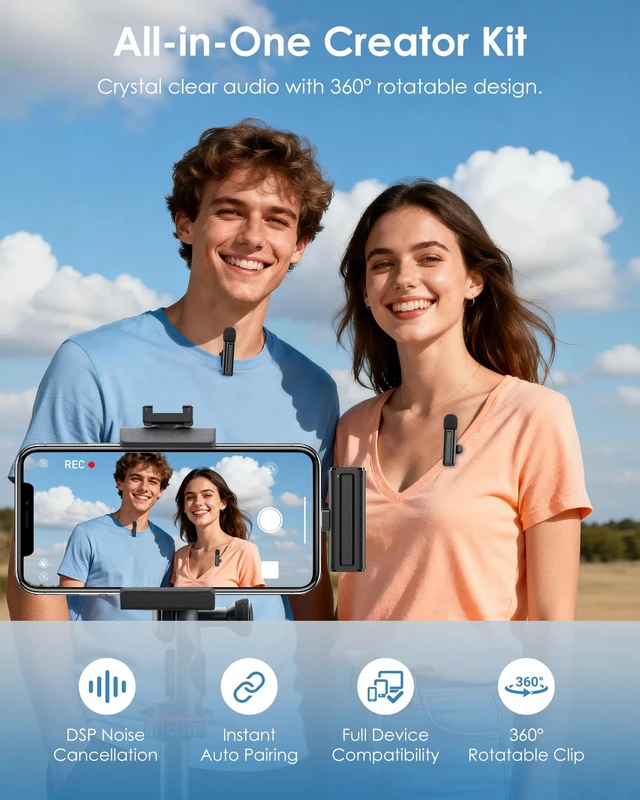 Alt view image 9 of 14 - Wireless Mini Microphone for iPhone, iPad, Android, 2 Pack Lavalier Mic with 360° Rotatable Clip, Plug and Play Noise Reduction USB-C Mic for Video Recording YouTube TikTok Podcast Content Creators