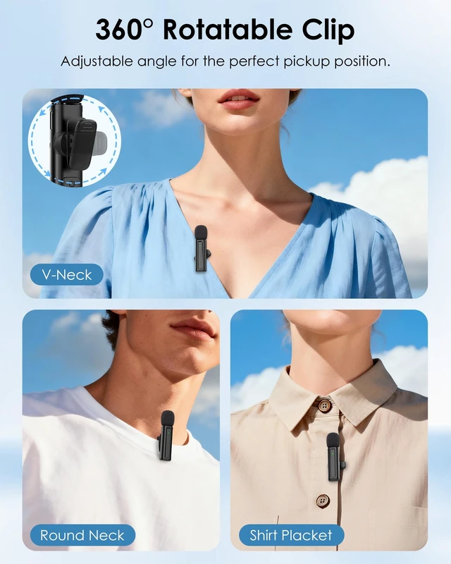 Alt view image 11 of 14 - Wireless Mini Microphone for iPhone, iPad, Android, 2 Pack Lavalier Mic with 360° Rotatable Clip, Plug and Play Noise Reduction USB-C Mic for Video Recording YouTube TikTok Podcast Content Creators