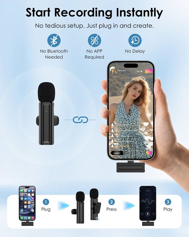 Alt view image 14 of 14 - Wireless Mini Microphone for iPhone, iPad, Android, 2 Pack Lavalier Mic with 360° Rotatable Clip, Plug and Play Noise Reduction USB-C Mic for Video Recording YouTube TikTok Podcast Content Creators