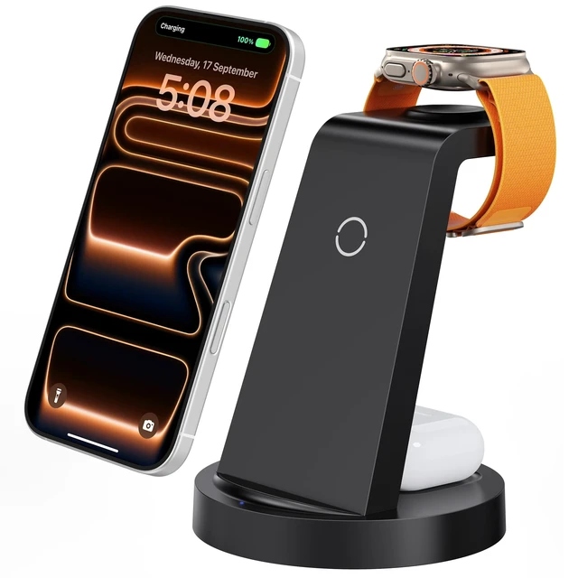 Alt view image 8 of 14 - 3 in 1 Charging Station for iPhone, Wireless Charger for iPhone 17 16e 16 15 14 13 12 11 X Pro Max & Apple Watch - Wireless Charging Station for AirPods 4 3 Pro